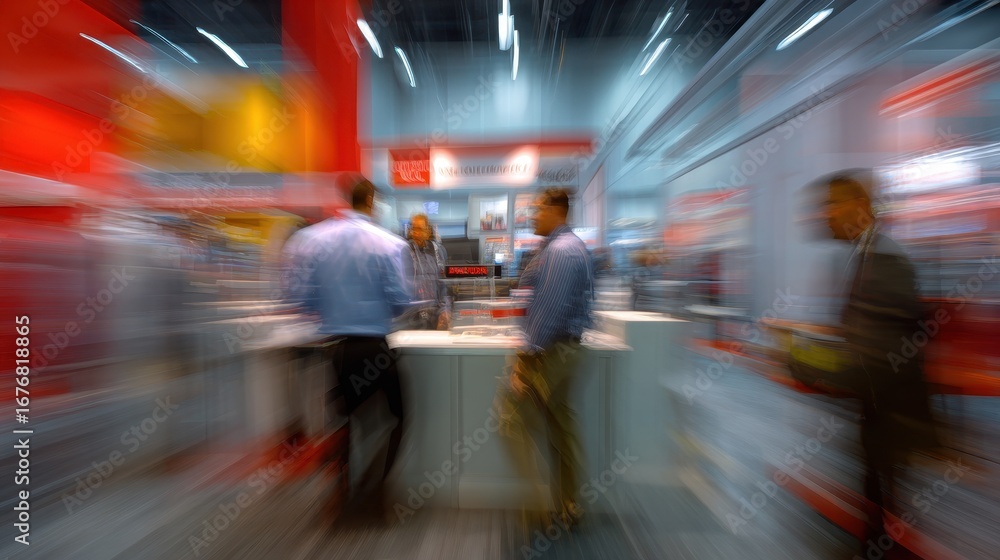 Fototapeta premium Business professionals engaged in discussion at a trade show in a busy convention center