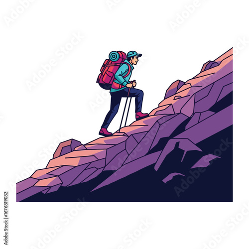 Journey to the Summit: An illustrated depiction of a lone adventurer ascending a rocky mountain path, a metaphor for aspiration and the trials of outdoor exploration.