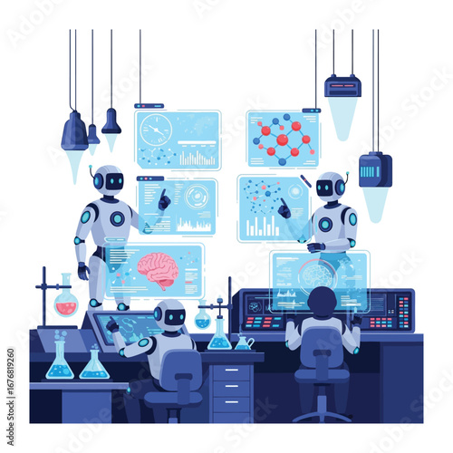 Robots at The Futuristic Lab: A stylized illustration portrays robots engaged in scientific experiments within a modern laboratory setting, showcasing technological innovation and research