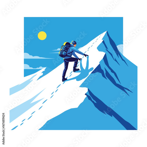 Summit Seeker: A determined mountain climber ascends a snow-covered peak, silhouetted against a clear, sunny sky.
