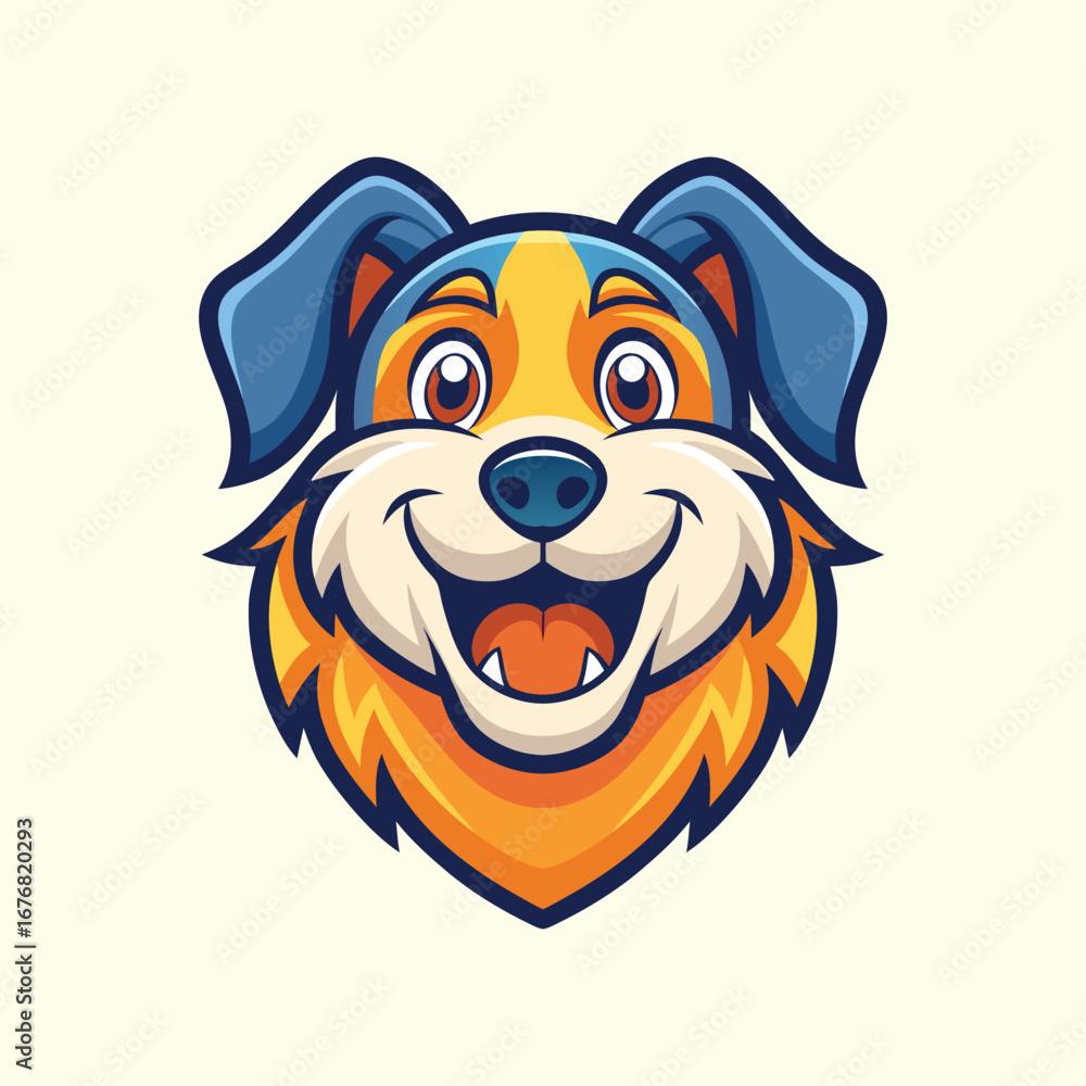 Obraz premium Happy Cartoon Dog Face Mascot – Cute Puppy Character with Big Smile, Floppy Ears, and Playful Expression, Adorable Pet Vector Illustration for Kids, Logos, and Animal Designs