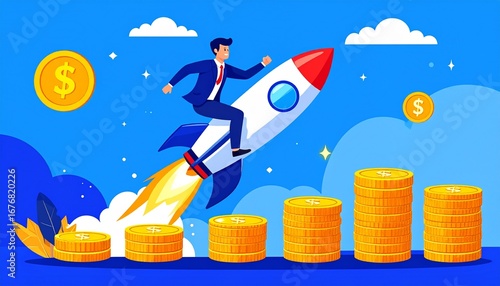 Wallpaper Mural Business growth concept: a businessman riding a rocket towards success.  Golden coins forming a rising staircase Torontodigital.ca