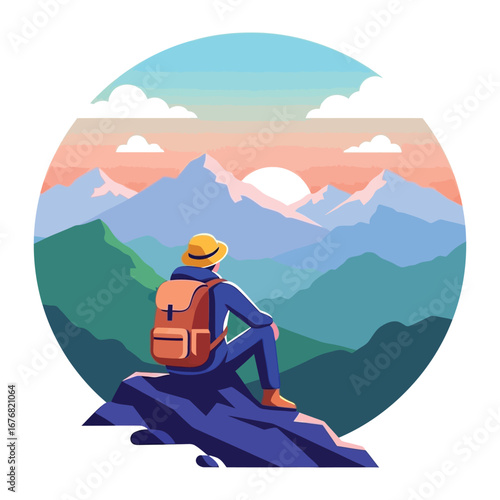 Serene Summit Contemplation: A solitary figure, perched atop a rugged mountain peak, finds solace and inspiration as they gaze upon a breathtaking vista of snow-capped peaks at sunrise.