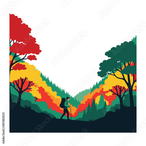 Trekking through Nature's Canvas: A lone trekker embarks on a vibrant journey through a forest. Amidst trees and mountain, the hiker ventures into an immersive outdoor adventure, enjoying nature.