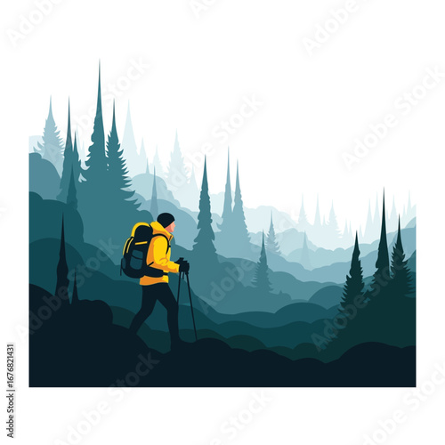 Solitary Mountain Trailblazer: A determined hiker embarks on a solo journey through a towering, verdant, and mist-veiled mountain vista, reflecting a spirit of exploration and adventure.
