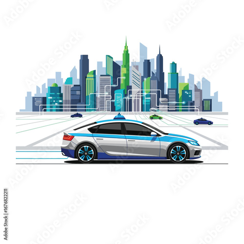 Futuristic City Transport: A sleek, self-driving car navigates a modern cityscape. The image depicts a future of efficient and automated urban mobility.