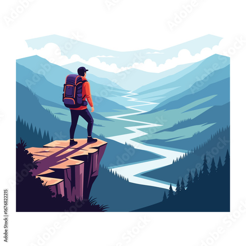 Journey's Vista: A solitary hiker gazes out from a rocky precipice, surveying the panoramic vista of rolling mountains and winding river, inviting a sense of exploration and accomplishment.