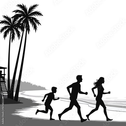 Family running on beach with palm trees and lifeguard stand 1