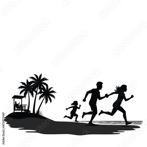 Family running on beach with palm trees and lifeguard stand 2