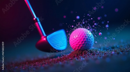 Golf club striking ball with neon lighting golf ball