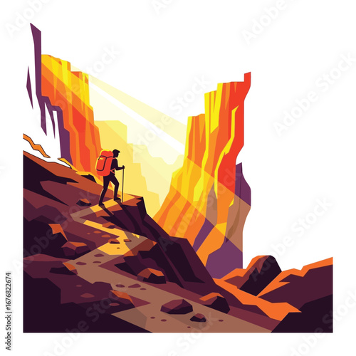 A Journey Through the Canyon: An illustrated explorer, dwarfed by the grandeur of nature's sculpted, stands poised on a path.  With a backpack and walking stick.
