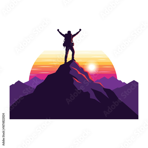 Conquering the Peak: A silhouette of a triumphant climber, standing atop a mountain peak with arms outstretched, silhouetted against a vivid sunset.