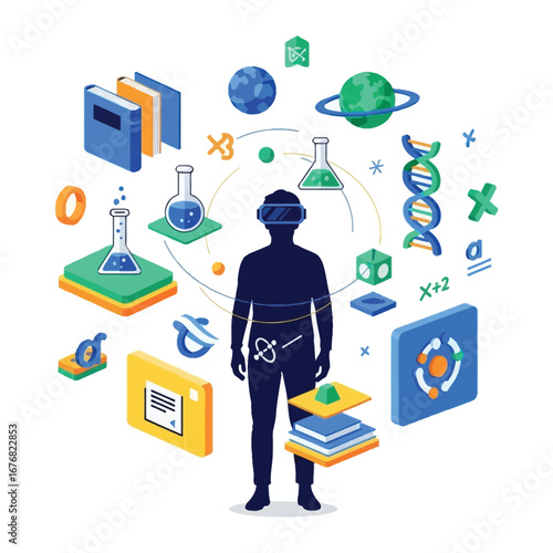 Immersive Learning: An illustrated representation of a person immersed in the world of virtual reality, surrounded by digital representations of science, knowledge and educational pursuit. 
