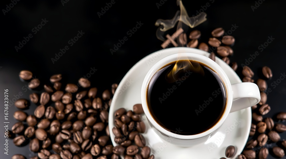 Naklejka premium Steaming Cup of Black Coffee with Roasted Coffee Beans on Black Background