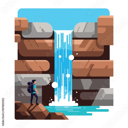 Adventure's Embrace: A person contemplates the majestic waterfall, poised at the edge of adventure, under a cloudless blue sky, and surrounded by vibrant earthy tones.
