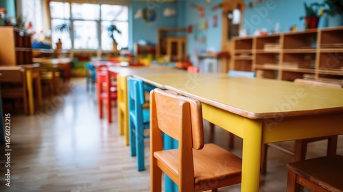 Wallpaper Mural A bright classroom with colorful tables and chairs arranged neatly, creating a cheerful learning environment for children. Torontodigital.ca