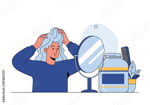 Woman combing her long curly blue hair in front of a mirror with hair products and comb