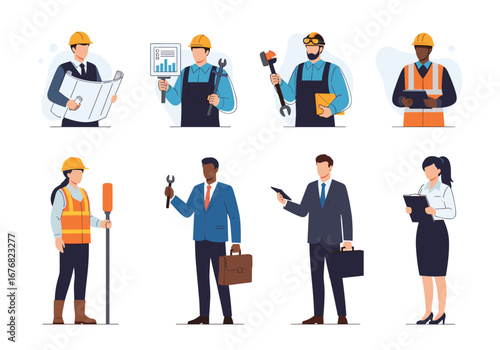A collection of skilled professionals engaged in various trades and technical disciplines