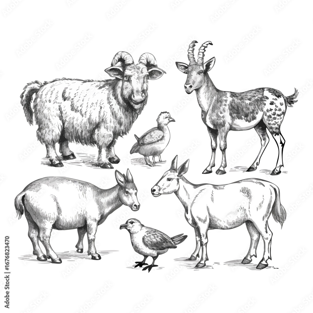 Fototapeta premium Vintage Farm Animals Illustration – Hand Drawn Sketch Style