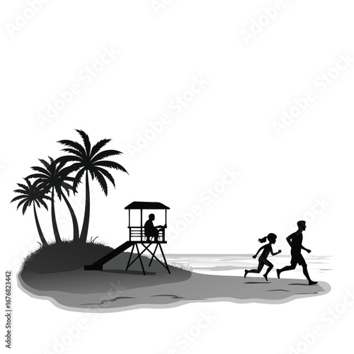 Silhouette of people running on beach near lifeguard tower and palm trees 1
