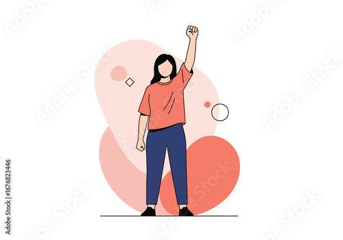 Empowered woman stands tall with fist raised in triumph symbolizing strength and victory