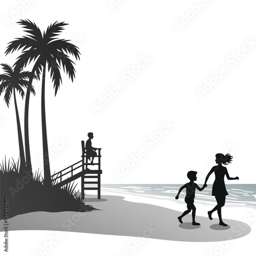 Silhouettes of people on a beach with palm trees and lifeguard chair