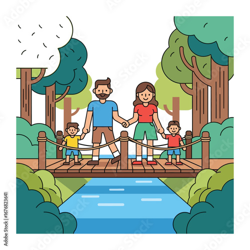 Happy Family on a Bridge: A cheerful family stands together on a bridge, holding hands, with trees around them, sharing a moment of togetherness and joy.