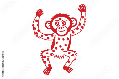 Playful Red Monkey with Polka Dots, Cartoon Style on White Background