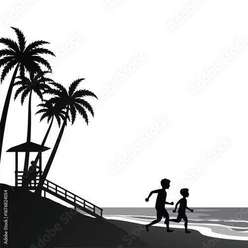 Two boys running on beach with palm trees and lifeguard stand
