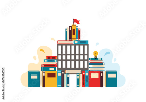 Illustrative depiction of a building constructed from stacks of books representing a library or educational institution