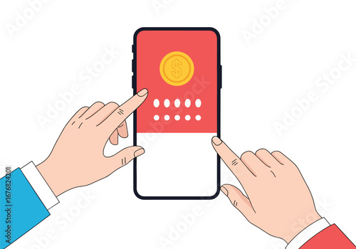 Two hands interacting with a mobile phone displaying a cryptocurrency wallet application interface