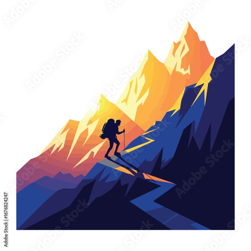 Ascent of Adventure: A solitary hiker navigates a majestic mountain range, embracing the challenge, with graphic representation of the journey.