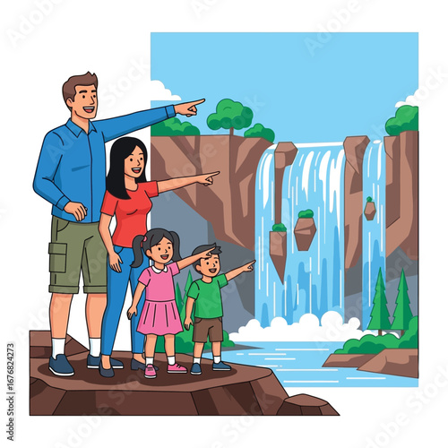 Family's Scenic Moment at the Waterfall: A happy family standing on a cliff, marveling at the cascading water and the grandeur of nature