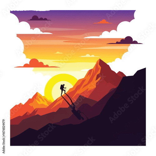Mountain Ascent at Sunset: A lone climber courageously scaling a majestic mountain range, silhouetted against a vibrant sunset that paints the sky in breathtaking hues.