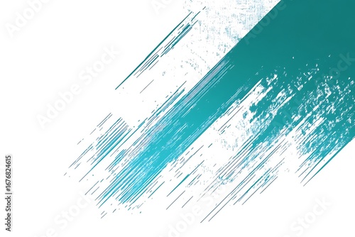 Abstract diagonal teal brush strokes and grunge texture on a clean white background