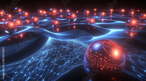 Abstract glowing network with illuminated spheres, futuristic technology concept, data visualization