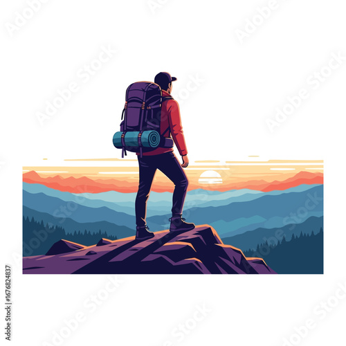 Hiker atop Mountain Peak: A solo hiker stands proudly atop a majestic mountain peak, gazing out at the breathtaking panorama of the sun setting, showcasing the spirit of adventure and nature.