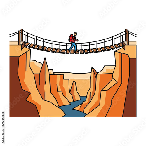 Suspension bridge: A lone hiker traverses a precarious suspension bridge across a rugged canyon, evoking a sense of adventure and the allure of exploration.