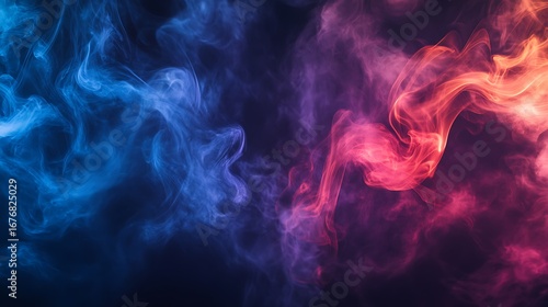 Blue and red smoke colliding, abstract background texture with a dark aesthetic design