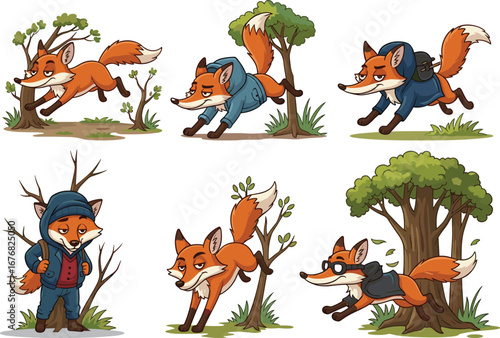 cartoon fox in hoodie, sly fox character, forest animal illustration, mischievous fox thief, cute woodland art, vector
