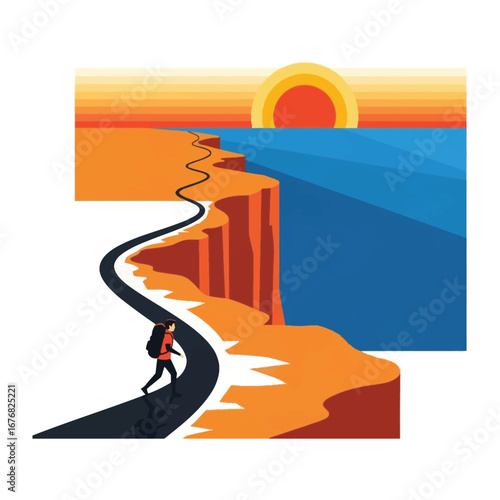 Adventurous Solitude on a Coastal Path: A determined hiker, with backpack in tow, embarks on a winding coastal path, the vibrant sun setting over the vast expanse of the sea.