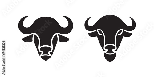 Pair of Black Buffalo Bull Head Mascot Icons for Ranch and Agriculture Designs