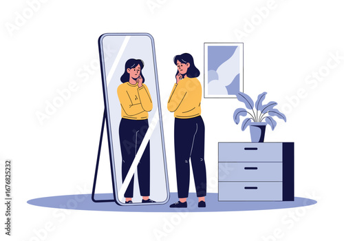 A thoughtful young woman gazes into a tall standing mirror reflecting her thoughtful expression and posture