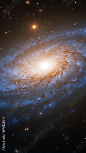 Detailed spiral galaxy with radiant center, blue nebula arms and bright stars background