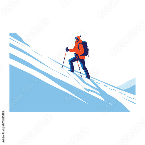 Trekking Ascend: A solitary figure, equipped with trekking poles and a backpack, courageously ascends a snow-covered mountain, symbolizing adventure and perseverance against the elements.