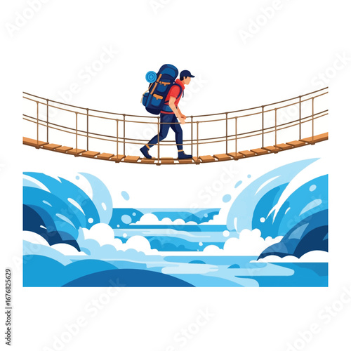Bridge Traveler: Embark on a journey with a solo hiker as he bravely crosses a precarious bridge, the turbulent waterfall cascading beneath in a colorful display of nature's power.