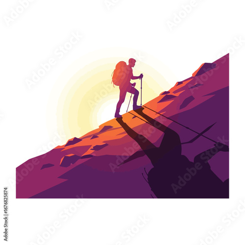 Conquering Heights: An adventurer embarks on a climb of steep terrain, silhouetted against a sunlit peak, representing the grit of human resolve to achieve their destination.