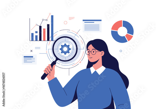 Professional person analyzing data with magnifying glass and charts illustrating business growth and financial information