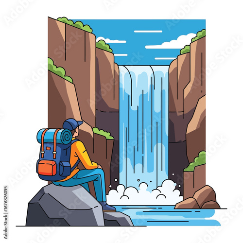 Serene Adventurer Gazing Waterfall: A lone adventurer sits on a rock, backpack in tow, gazing at a cascading waterfall within a canyon. This illustration captures the awe of exploration.
