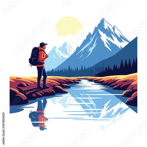   Mountain Vista: A solitary figure stands at the edge of a pristine body of water, gazing upon a majestic mountain range, the sunlight casting a warm glow over the scene.
